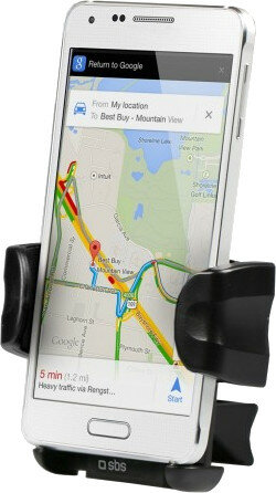 Smartfon w uchwycie samochodowym pokazujący mapę.