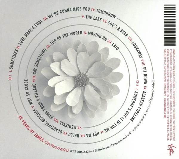 Rückseite einer CD mit floralem Design und einer in kreisförmigem Muster angeordneten Titelliste.
