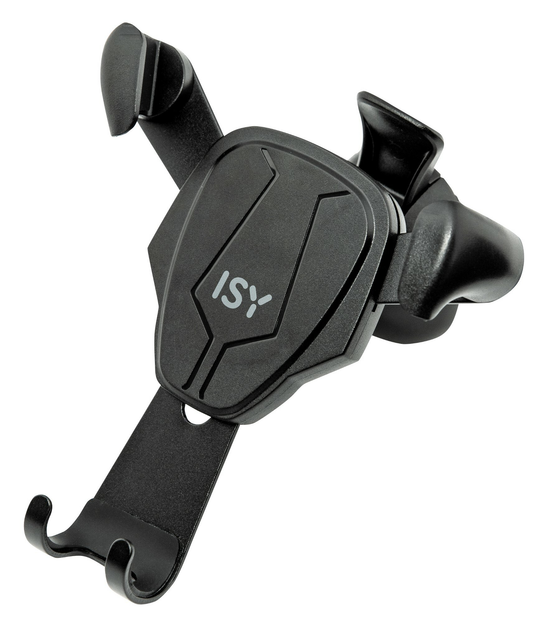 Czarny uchwyt na telefon komórkowy z logo ISY, na białym tle.
