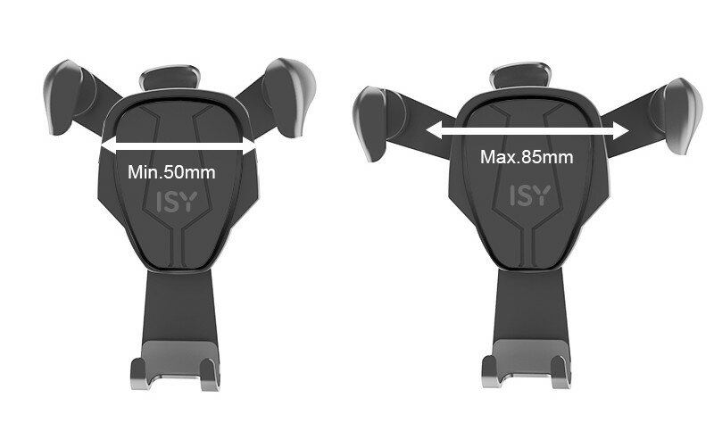 Dwa czarne uchwyty na telefon, jeden z min. 50mm, drugi z max. 85mm.