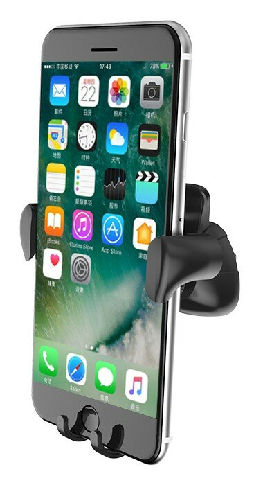 Czarny uchwyt na telefon trzyma srebrny smartfon, wyświetlając ekran główny.