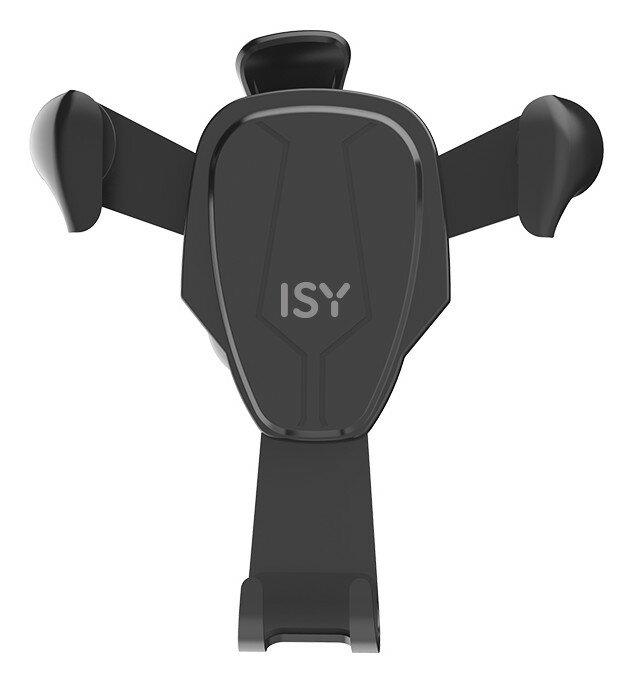Czarny uchwyt na telefon ISY z regulowanymi ramionami i dolnym wspornikiem.
