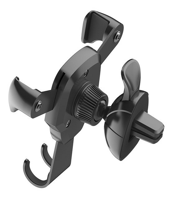 Czarny uchwyt samochodowy z mocowaniem do kratki nawiewu i regulowanymi ramionami.