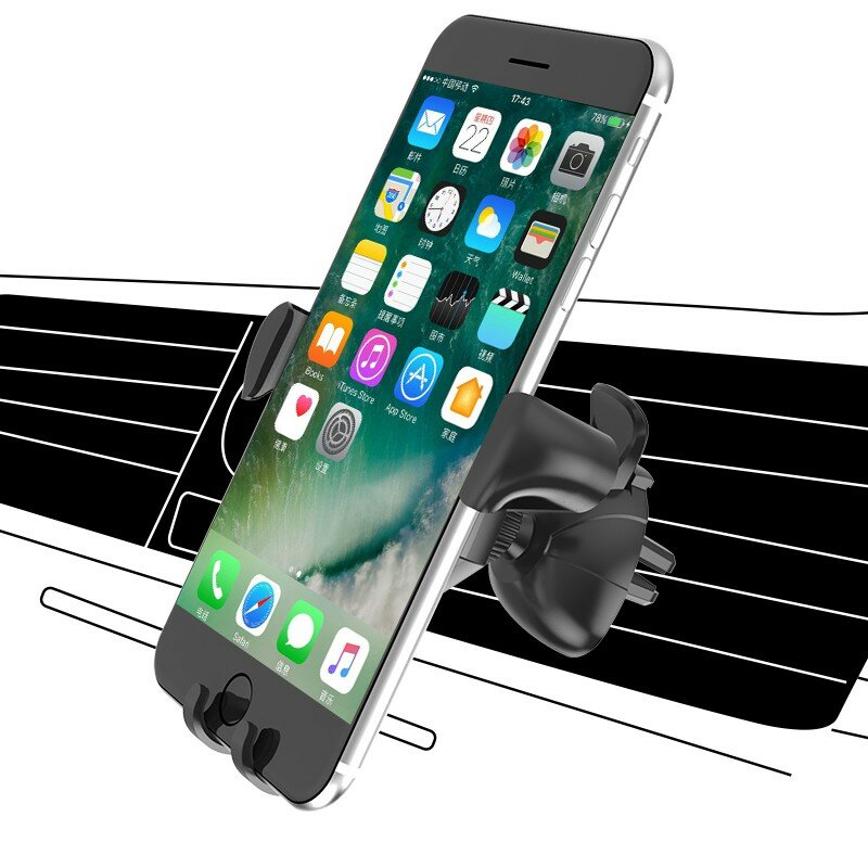 iPhone w czarnym uchwycie samochodowym na tle czarnej kratki nawiewu.