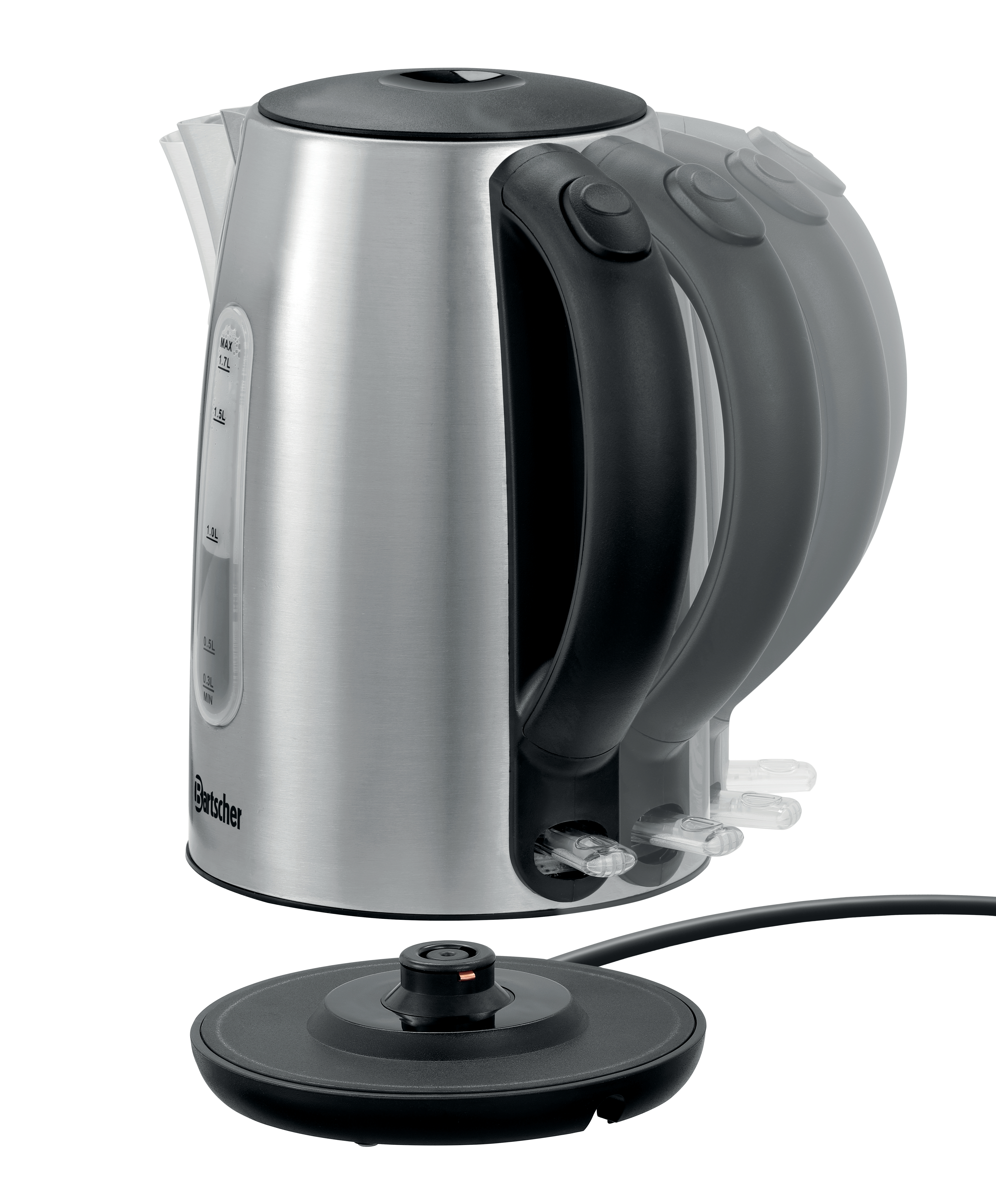 Ein elektrischer Wasserkocher aus Edelstahl mit schwarzem Griff, schwarzem Sockel und klarer Wasserstandsanzeige.