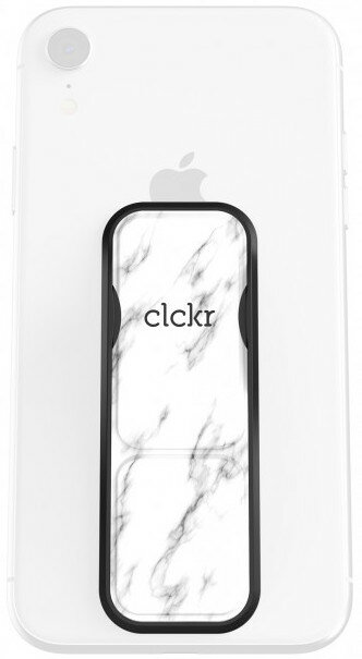 Biały iPhone z tyłu z uchwytem w marmurkowy wzór.