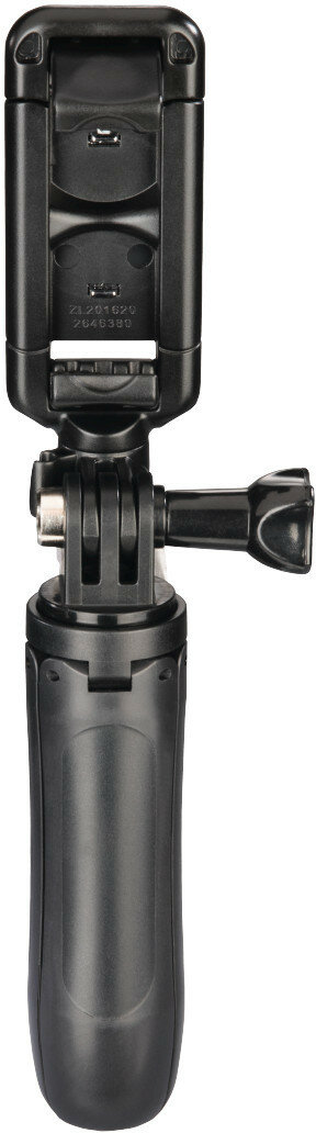 Czarny kijek do selfie z uchwytem na telefon i mocowaniem statywu.