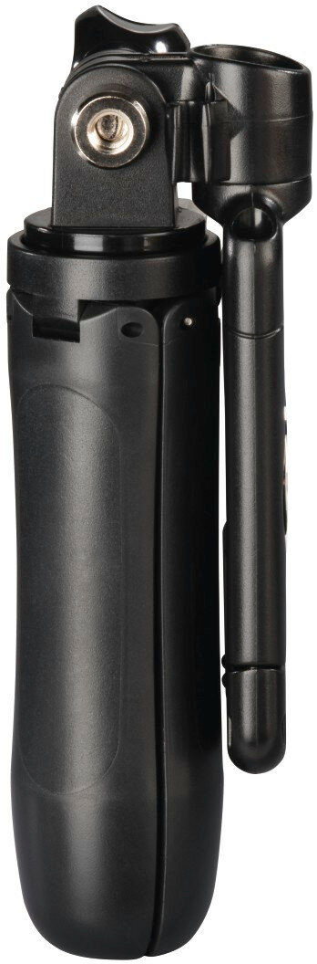 Czarny statyw z trzema nogami. Jest złożony i ma uchwyt.