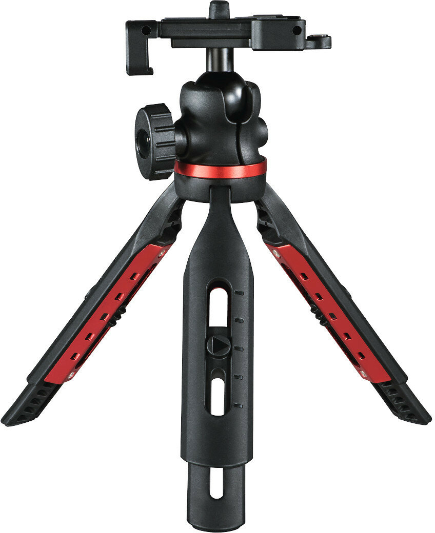 Czarny i czerwony statyw z regulowanymi nogami i głowicą kulową na białym tle.