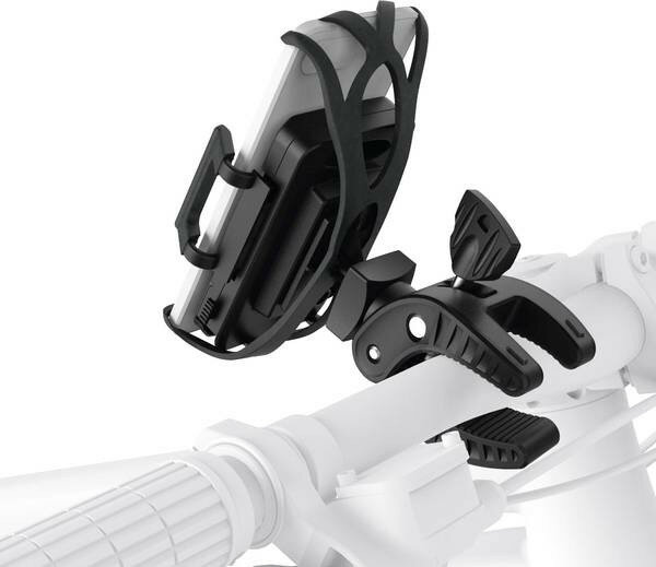 Czarny uchwyt na telefon ze smartfonem przymocowany do białej kierownicy roweru.