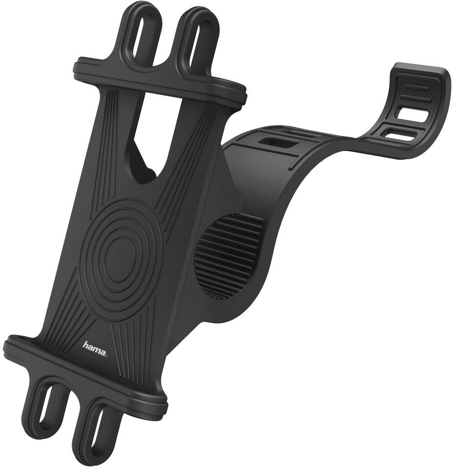 Czarny uchwyt na telefon z zakrzywionym ramieniem i kilkoma pętlami do mocowania telefonu.