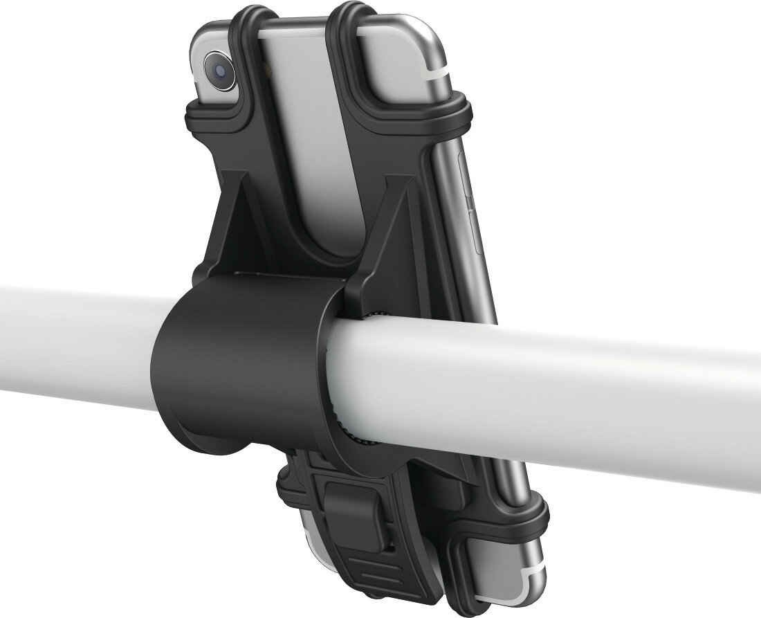 Telefon zamontowany na kierownicy z czarnym uchwytem. Telefon jest srebrny, kierownica biała.