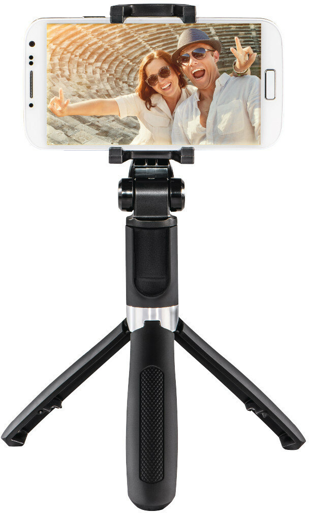 Smartfon na selfie sticku, wyświetlający parę robiącą selfie.
