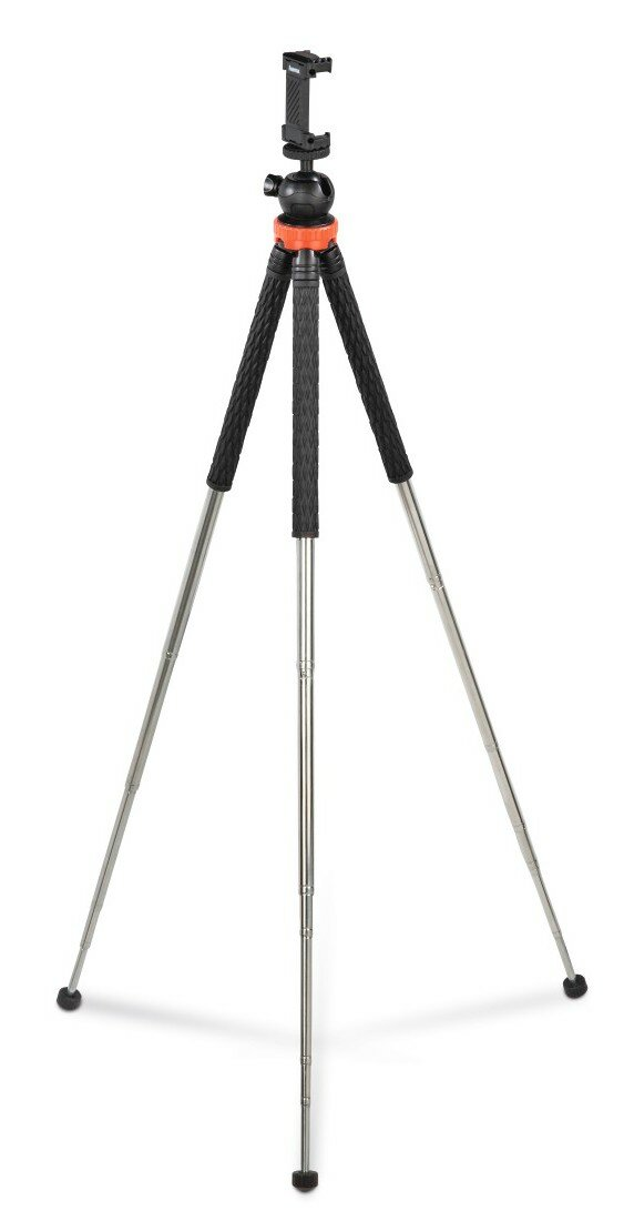 Statyw z uchwytem na telefon. Ma trzy nogi i jest srebrny i czarny.