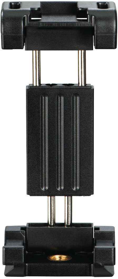 Czarny uchwyt na telefon komórkowy z regulowanymi ramionami do montażu.