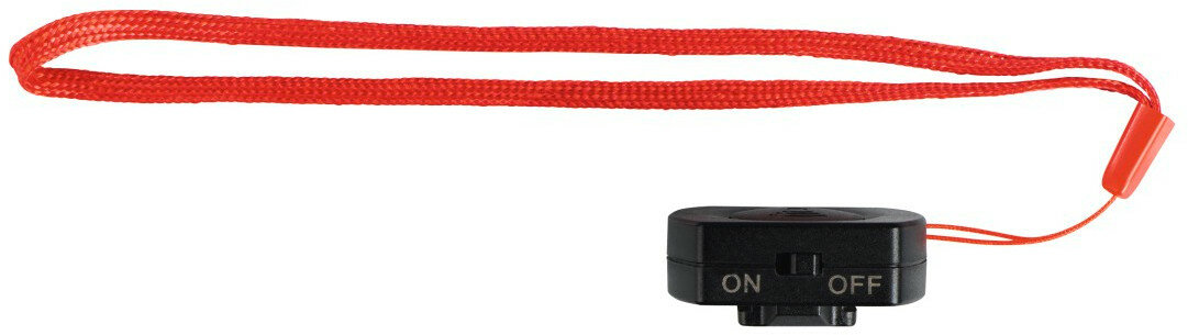 Czarny rejestrator audio z czerwoną smyczą. Oznaczony przełącznik Wł. i Wył.