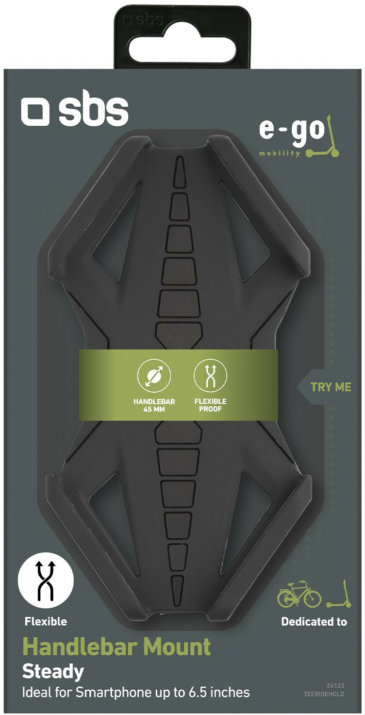 Czarny uchwyt na telefon do kierownicy na opakowaniu z tekstem i logo.