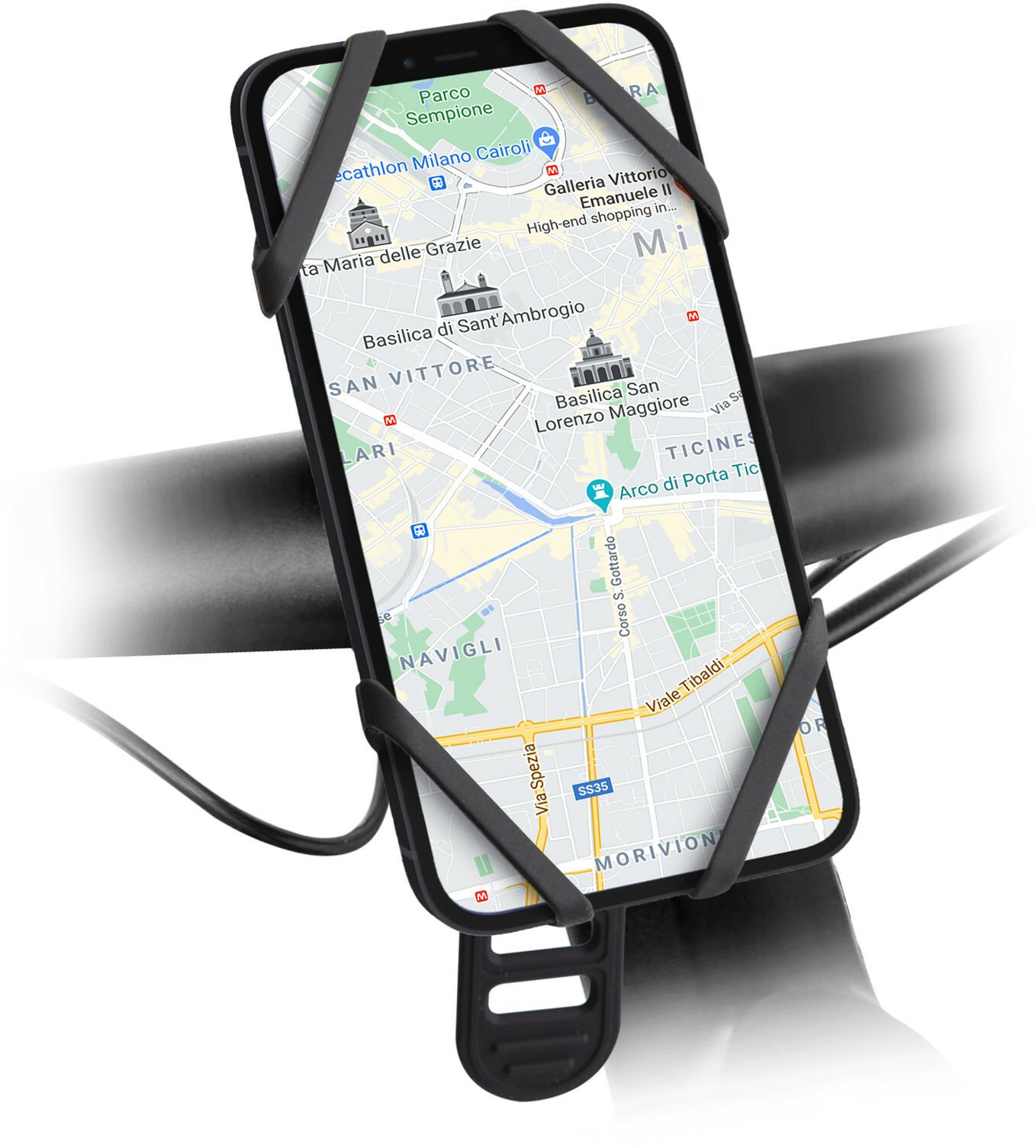 Telefon w uchwycie przymocowanym do kierownicy. Mapa miasta na ekranie.