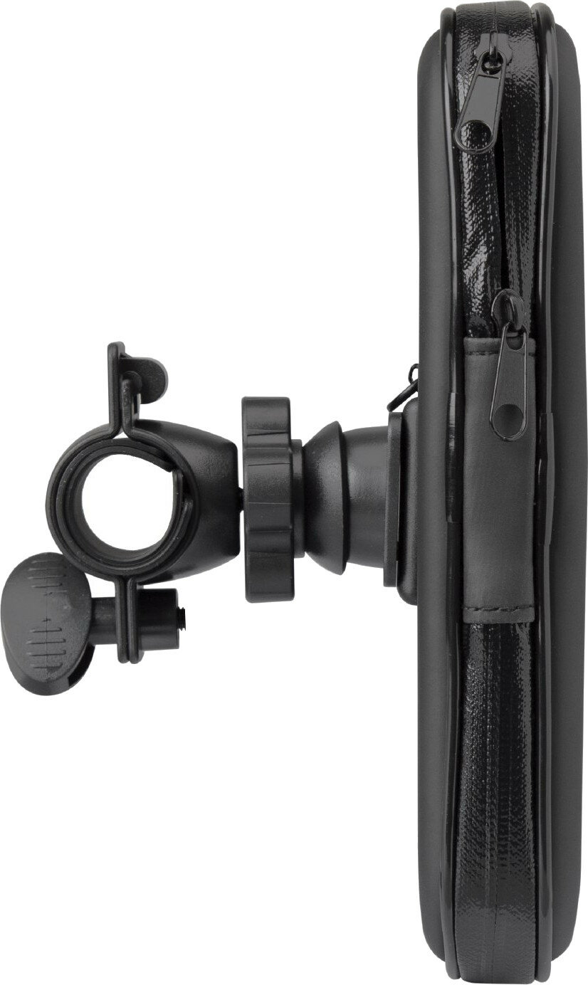 Czarny uchwyt na telefon przymocowany do kierownicy roweru.