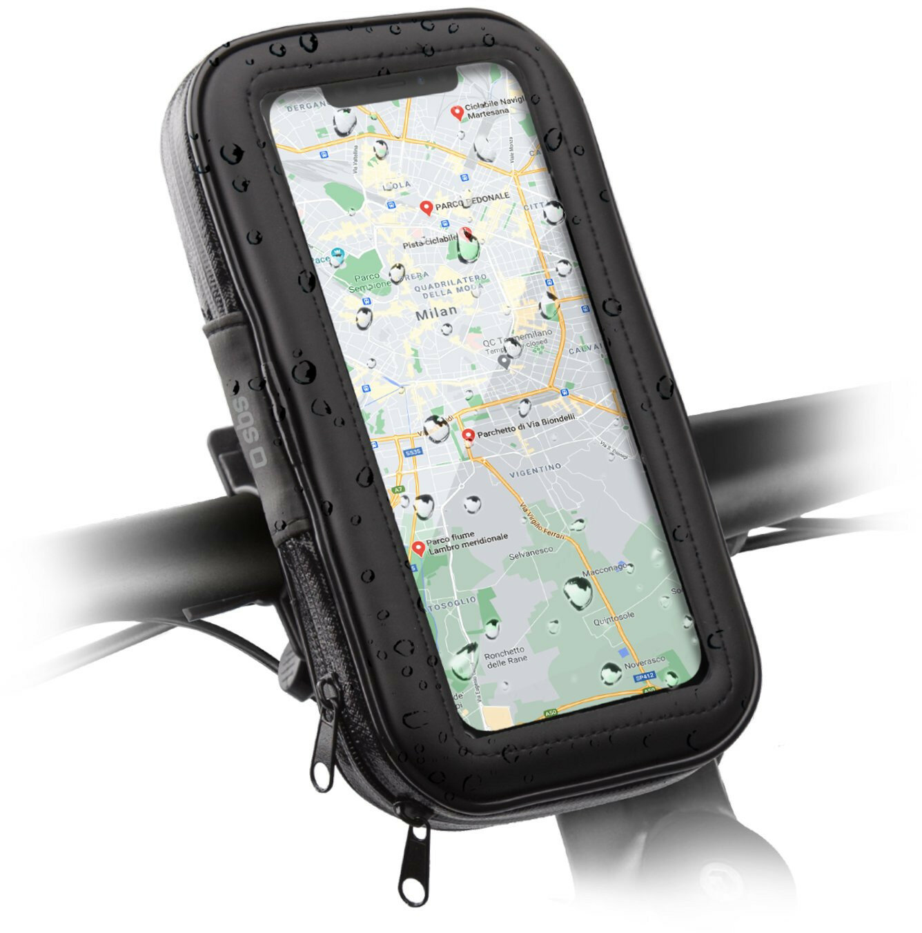 Czarne etui na telefon na kierownicy roweru z wyświetloną mapą. Widoczne krople wody.
