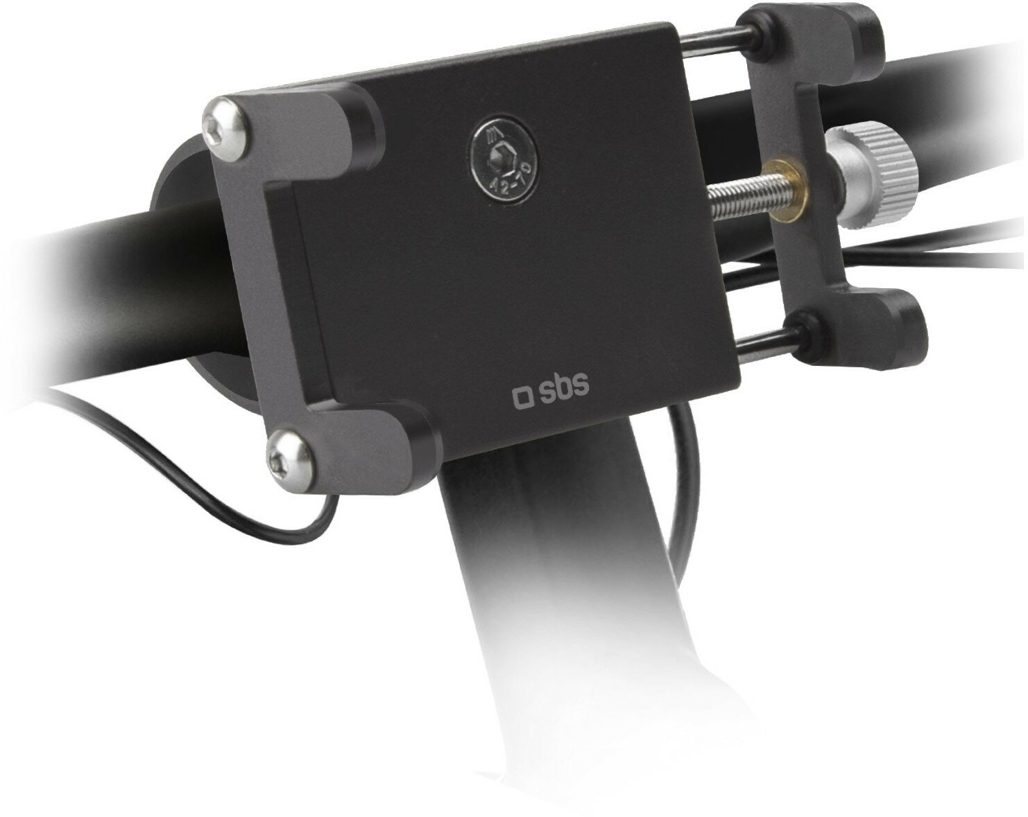 Czarny uchwyt na telefon SBS zamontowany na czarnym drążku, widoczne śruby.