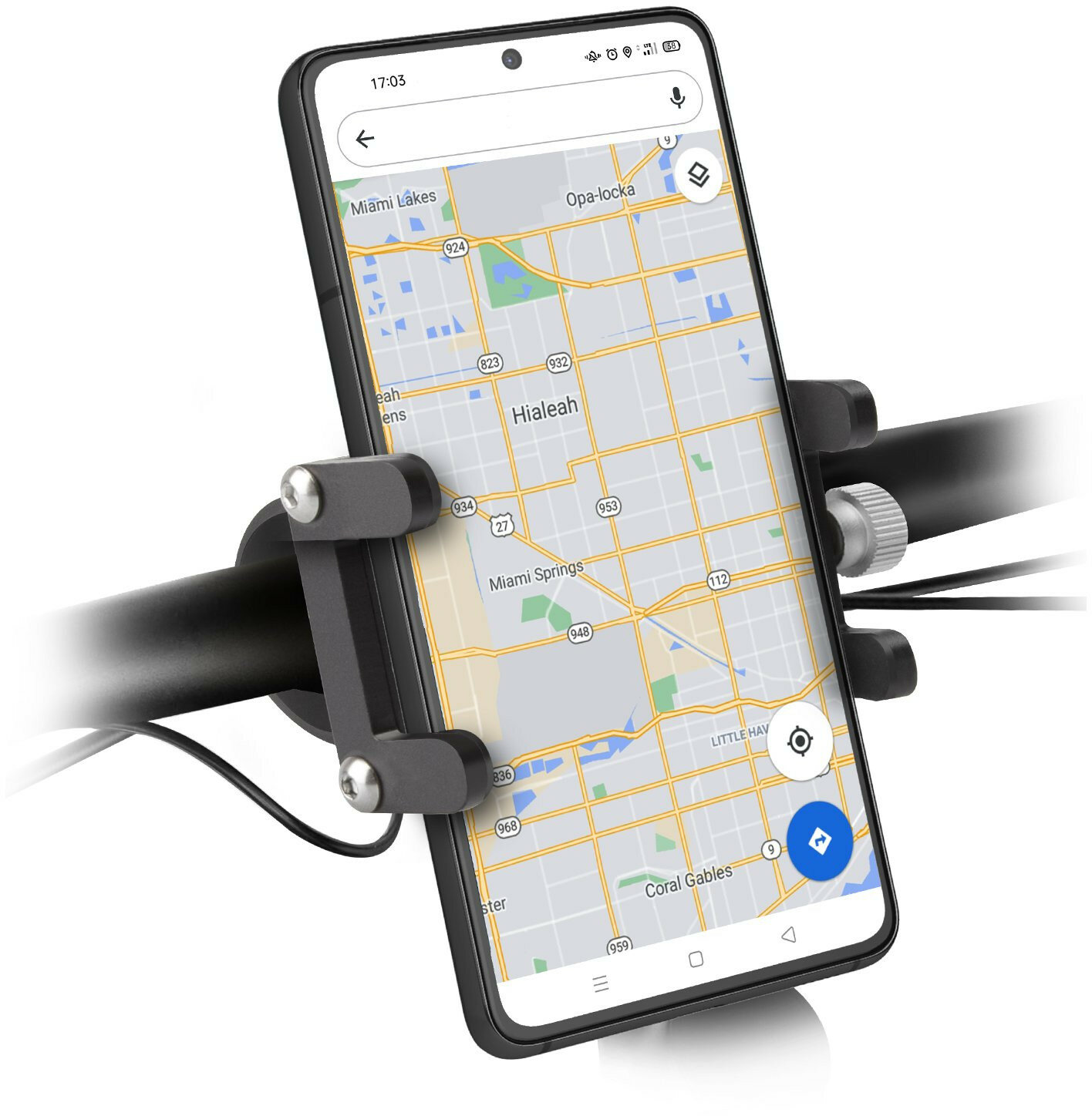 Smartfon zamontowany na kierownicy z aplikacją mapy.