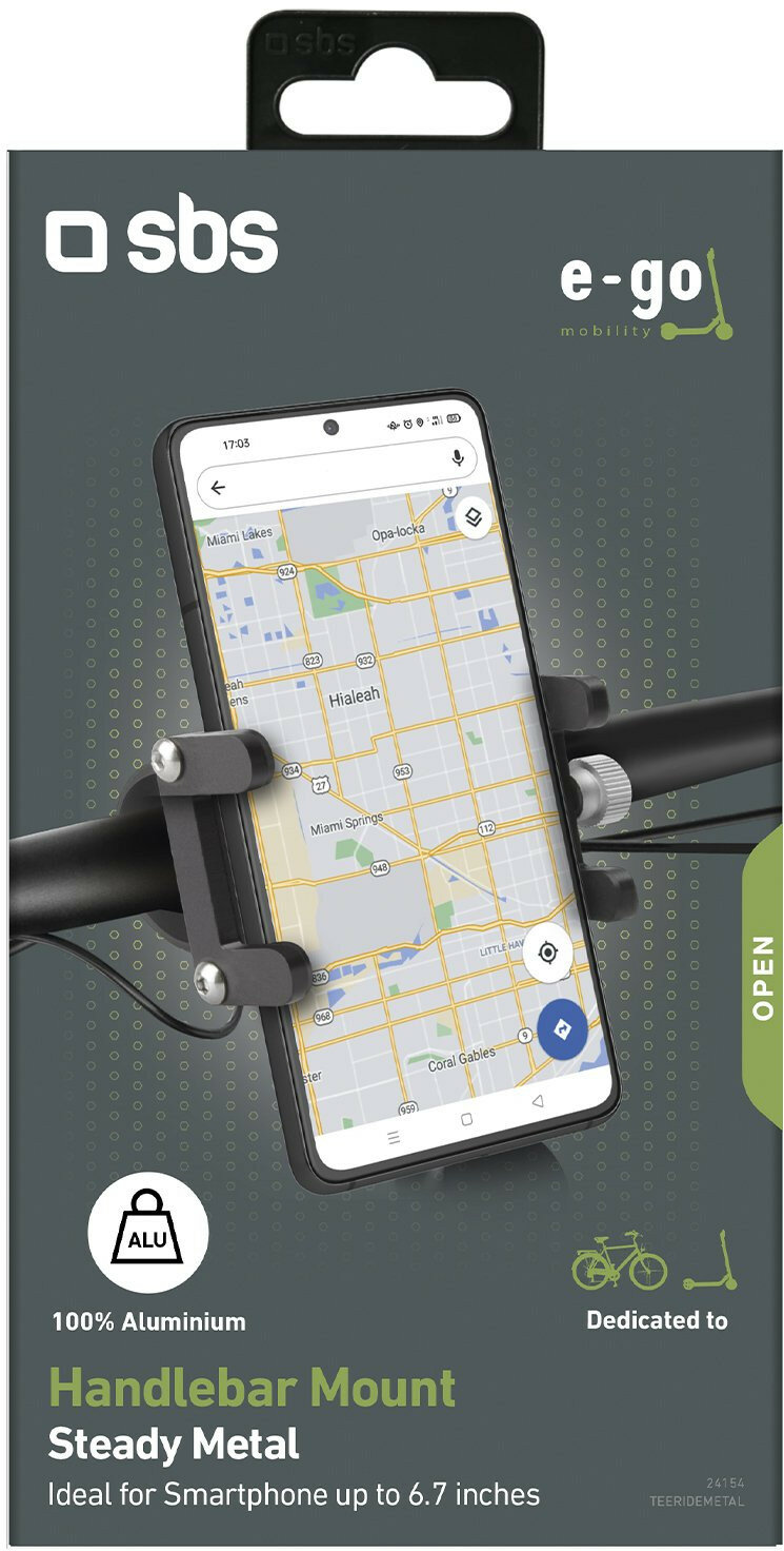 Smartfon w uchwycie na kierownicę. Czarny uchwyt na kierownicy roweru. Otwarte pudełko.