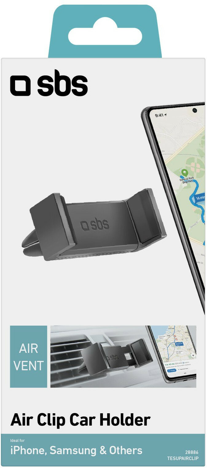 Opakowanie uchwytu samochodowego do kratki wentylacyjnej, pokazujące produkt i telefon w użyciu.