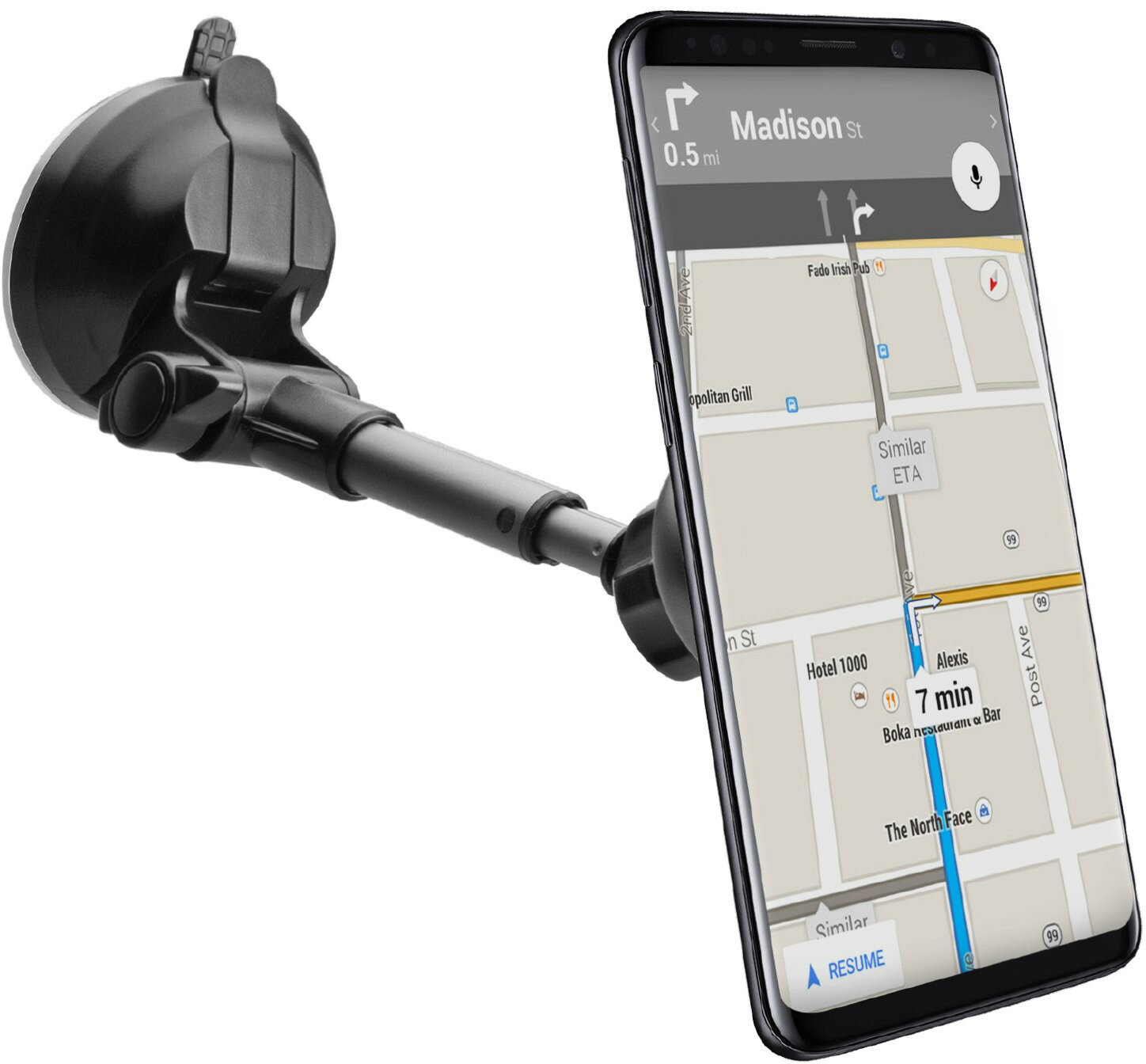 Smartfon w uchwycie samochodowym wyświetlający mapę z trasą. Czarny uchwyt, białe tło.