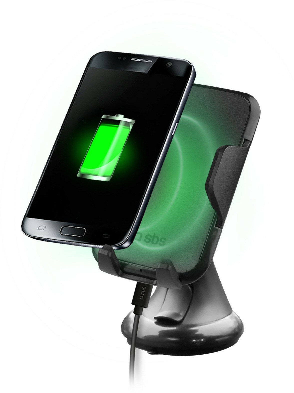Czarny smartfon ładujący się na bezprzewodowej podstawce ładującej. Wyświetlana jest zielona ikona baterii.