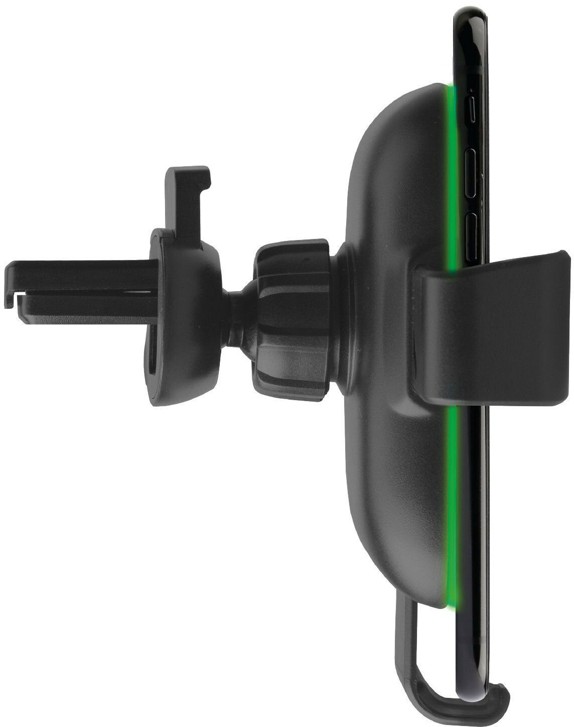 Czarny telefon zamontowany w uchwycie wentylacyjnym samochodu. Widoczne zielone światło.