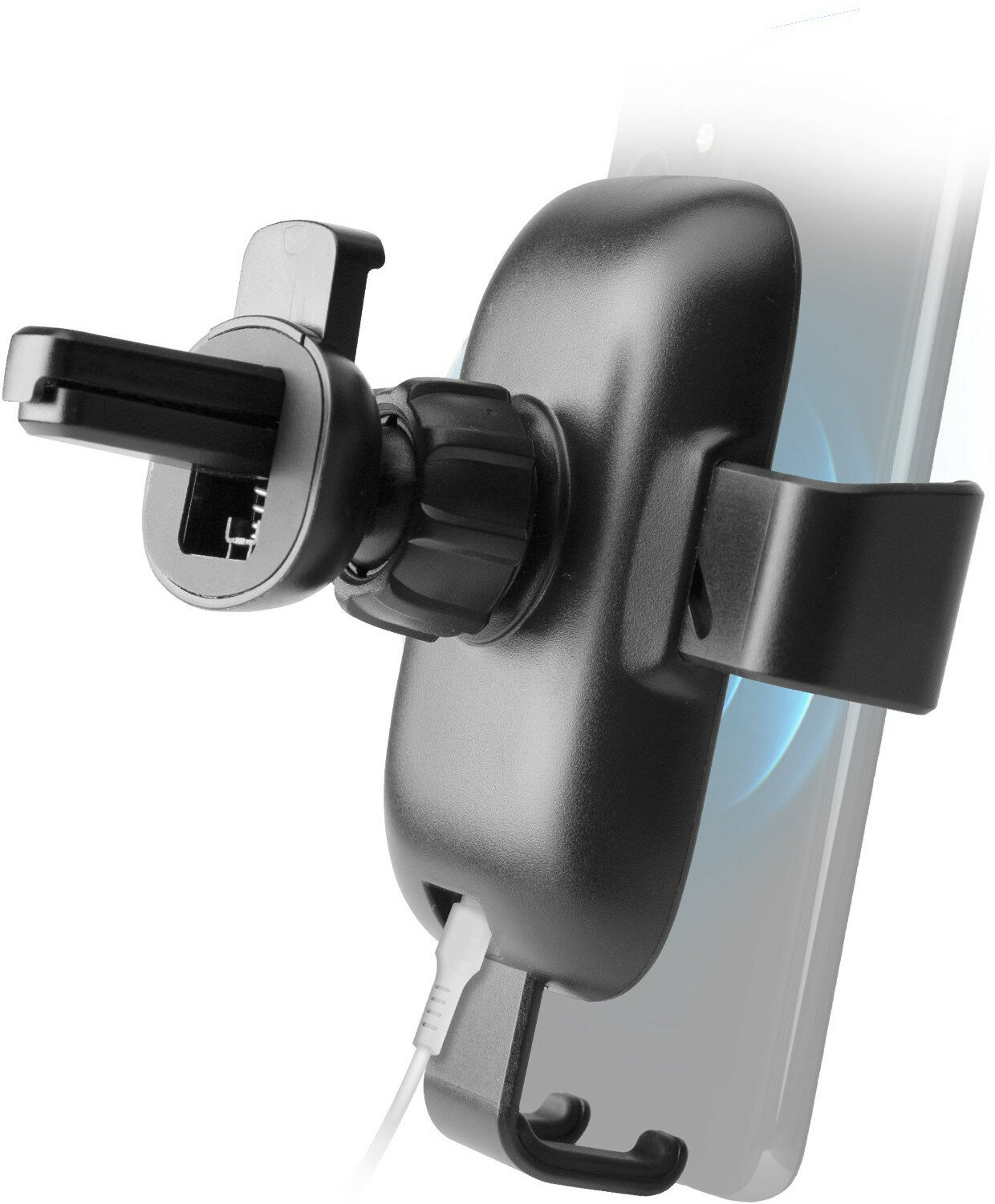 Czarny uchwyt na telefon samochodowy z podłączonym kablem do ładowania. Telefon w uchwycie, zbliżenie.