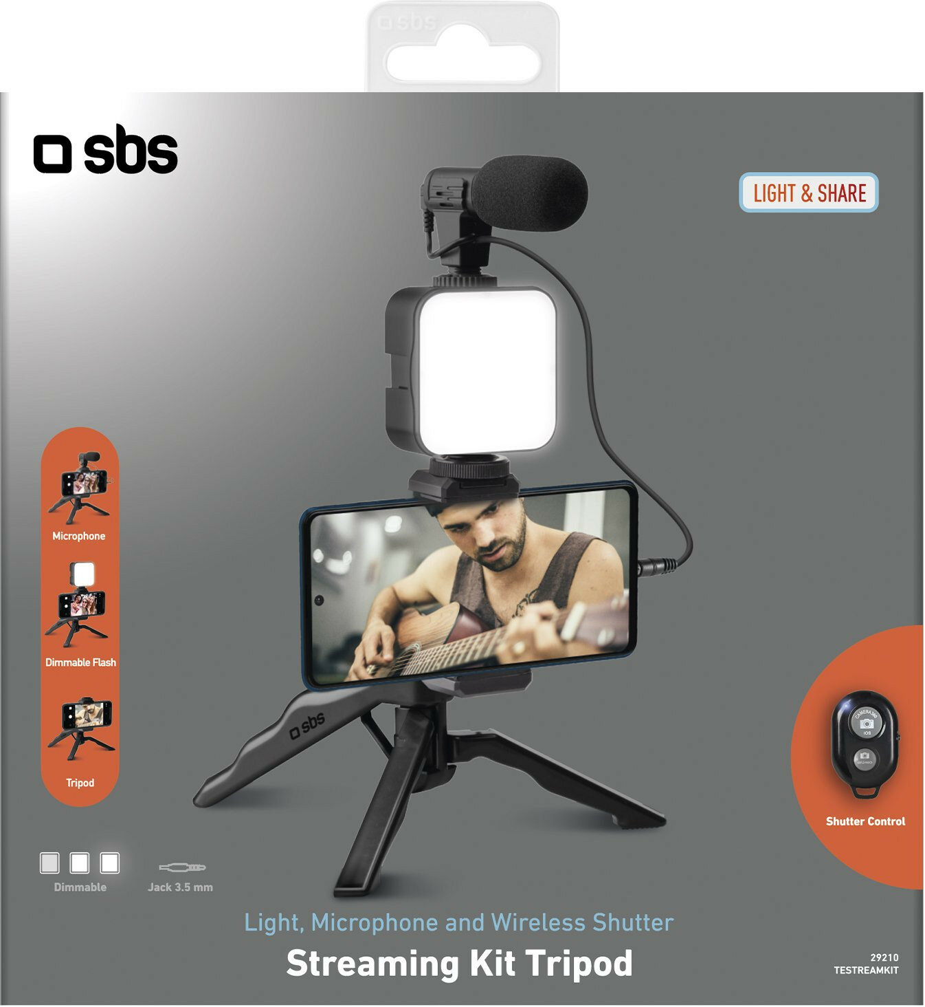 Zestaw do streamingu w pudełku. Zawiera mikrofon, światło, uchwyt na telefon i statyw. Mężczyzna grający na gitarze na ekranie telefonu.