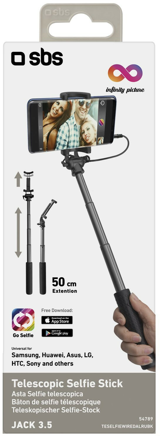 Opakowanie teleskopowego selfie sticka, pokazujące smartfon z czterema osobami.