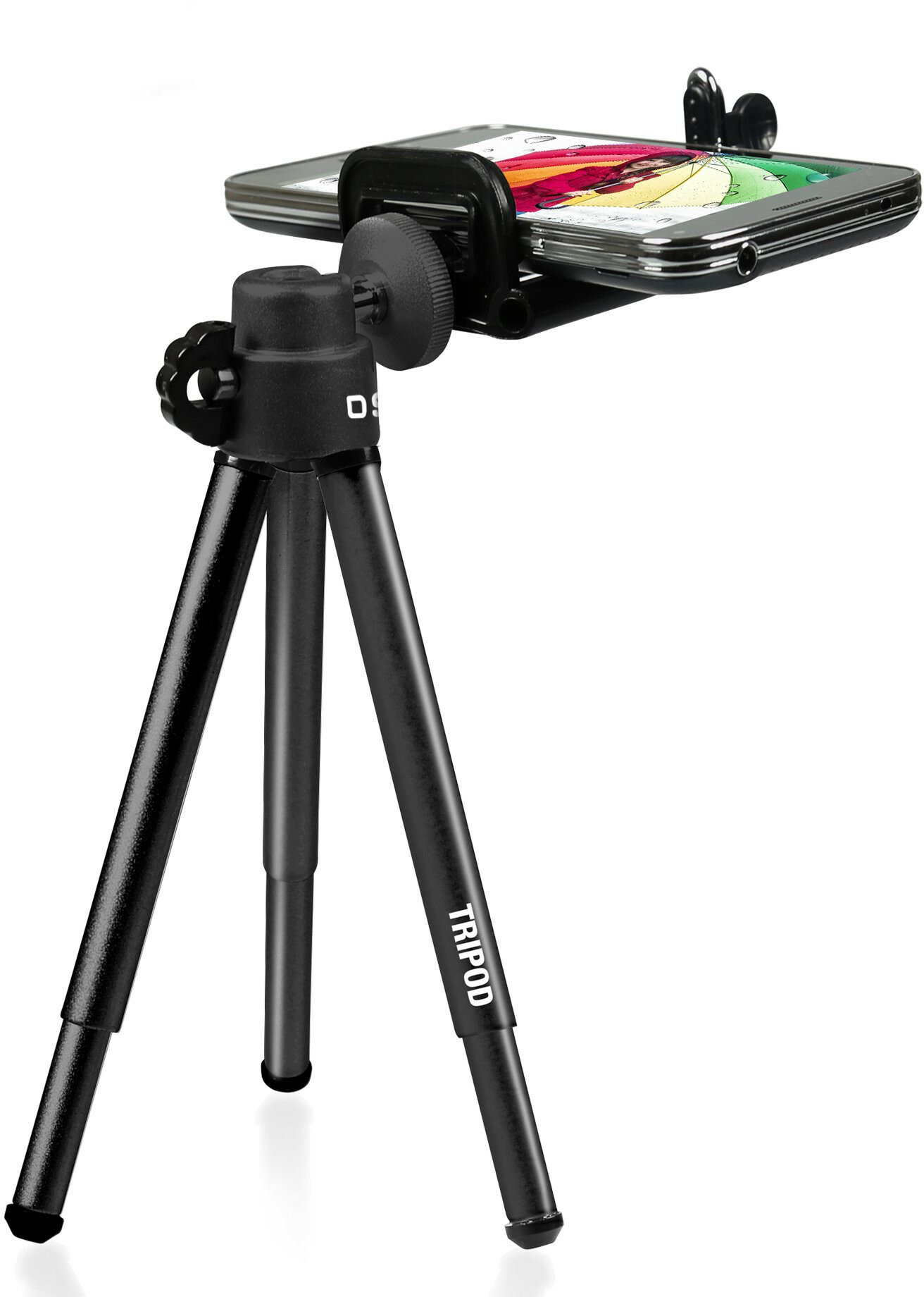 Czarny statyw z dołączonym telefonem, pokazujący kolorowy ekran.