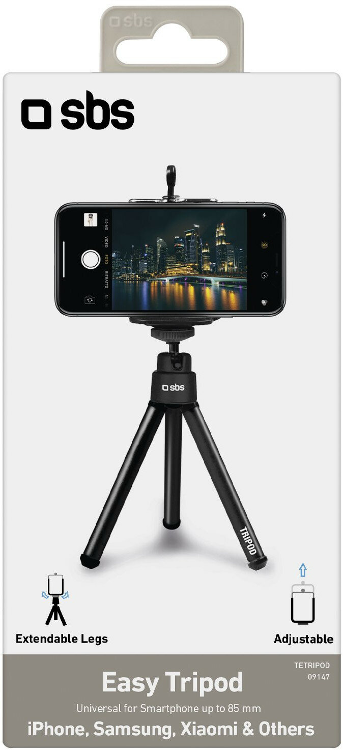 Biały i czarny statyw ze smartfonem. Nogi są rozkładane.