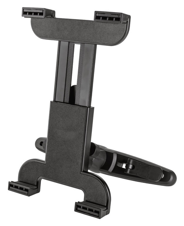 Czarny uchwyt na tablet, regulowany, z wieloma otworami do trzymania tabletu.