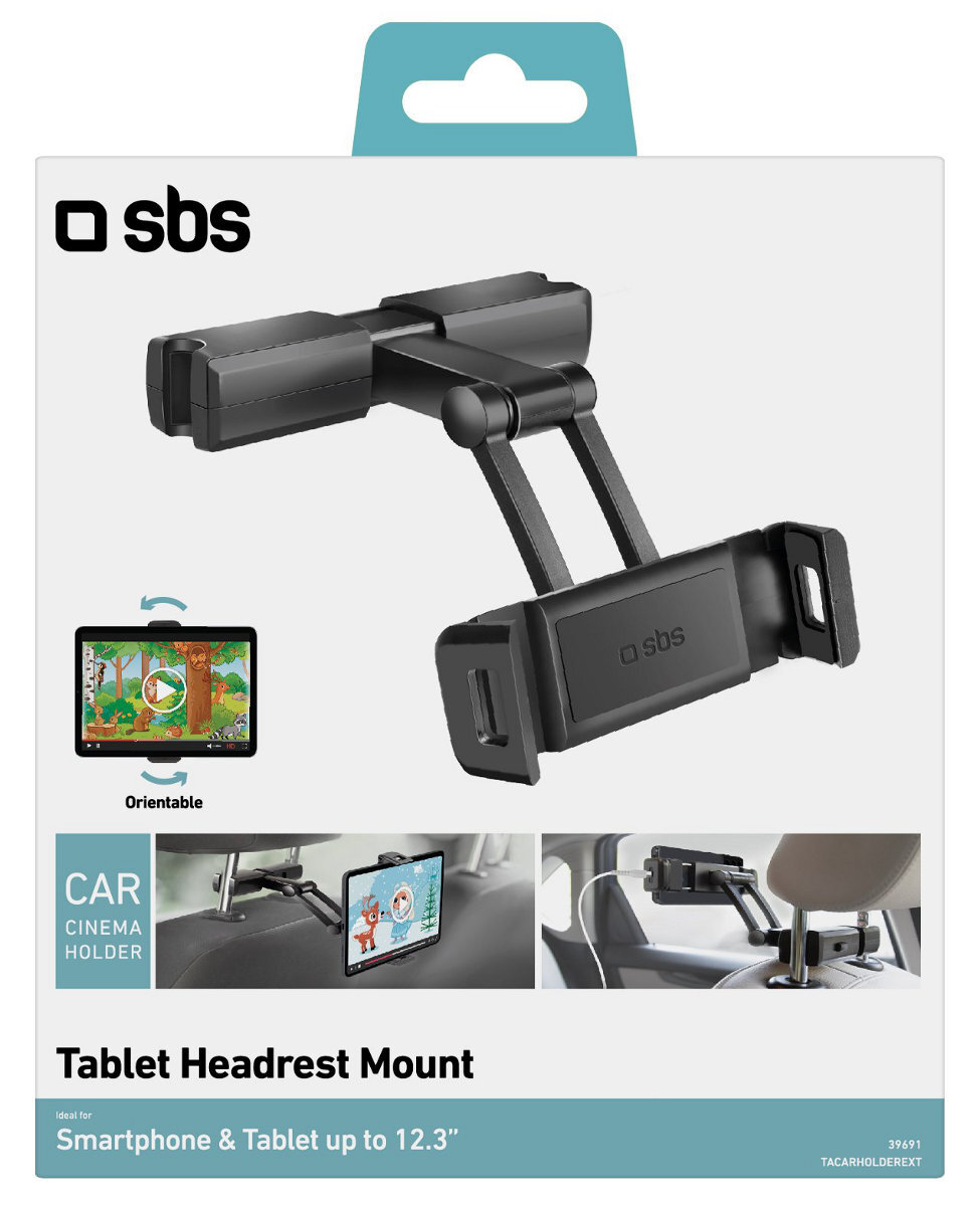 Uchwyt na zagłówek do tabletu w pudełku, pokazujący różne opcje montażu.