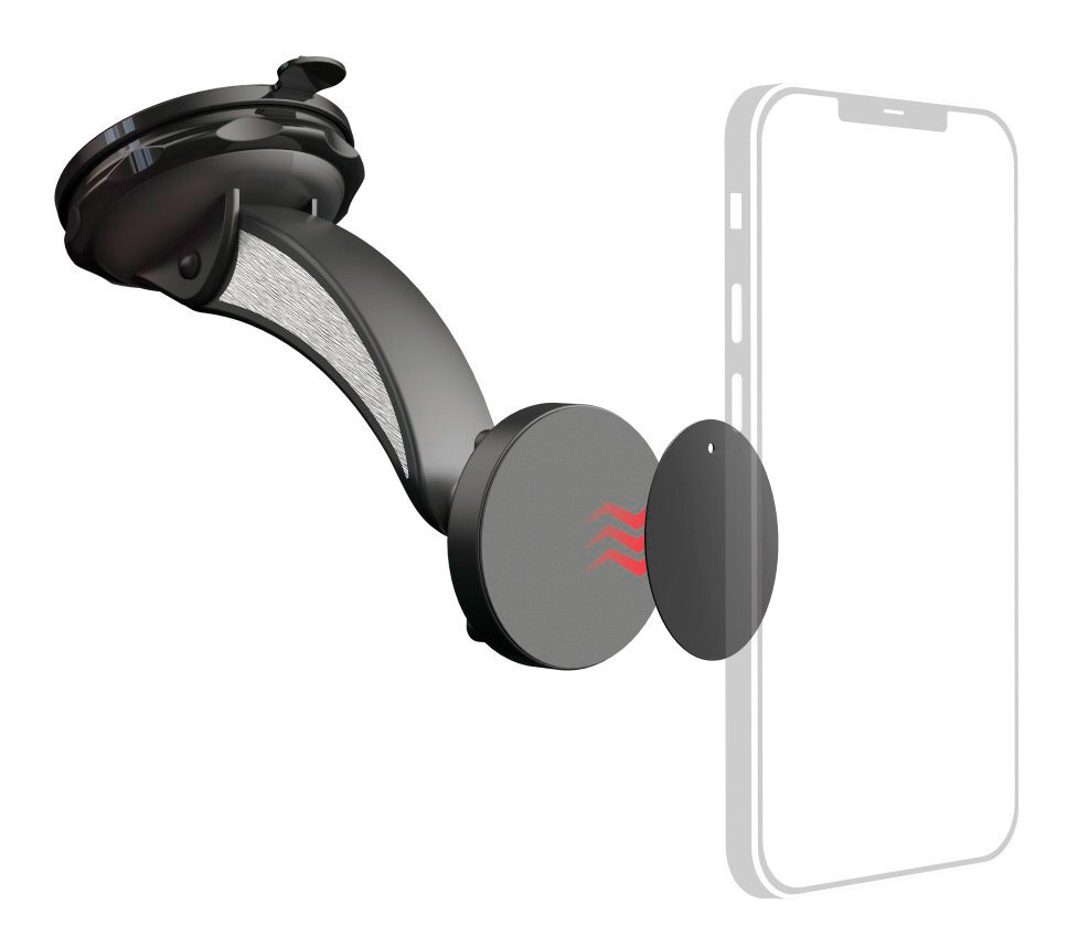 Uchwyt samochodowy do telefonu z przyssawką i mocowaniem magnetycznym.