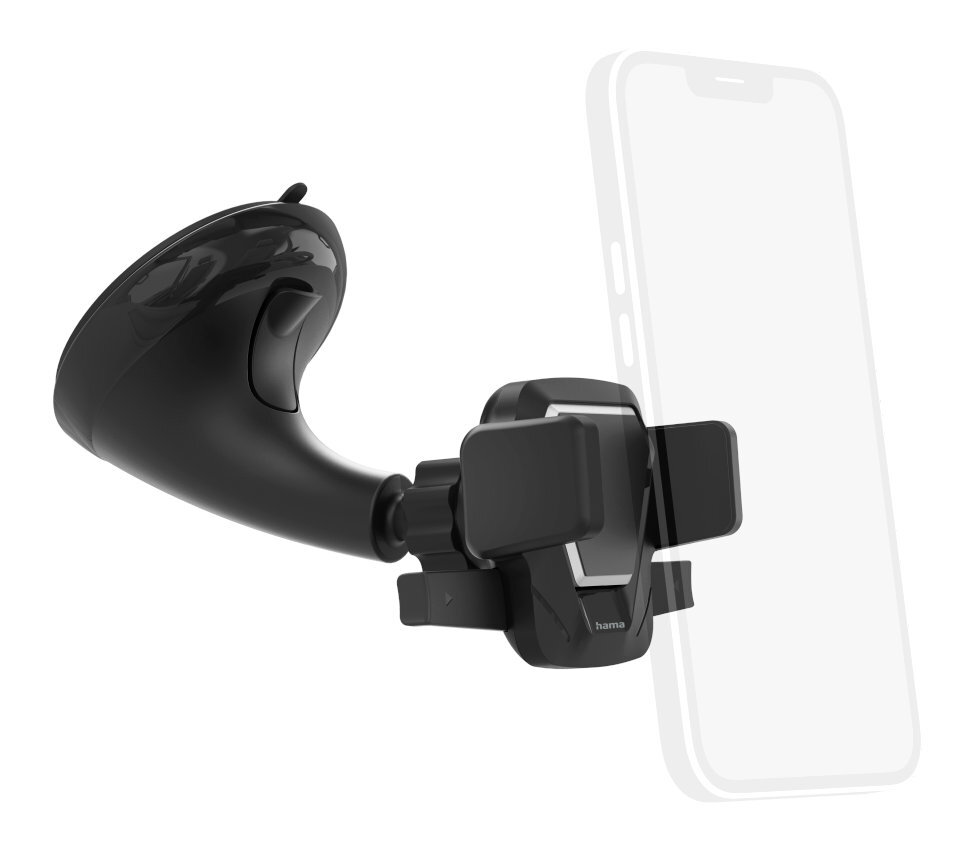 Czarny uchwyt samochodowy do telefonu przymocowany do szyby samochodu, z obrysem telefonu.