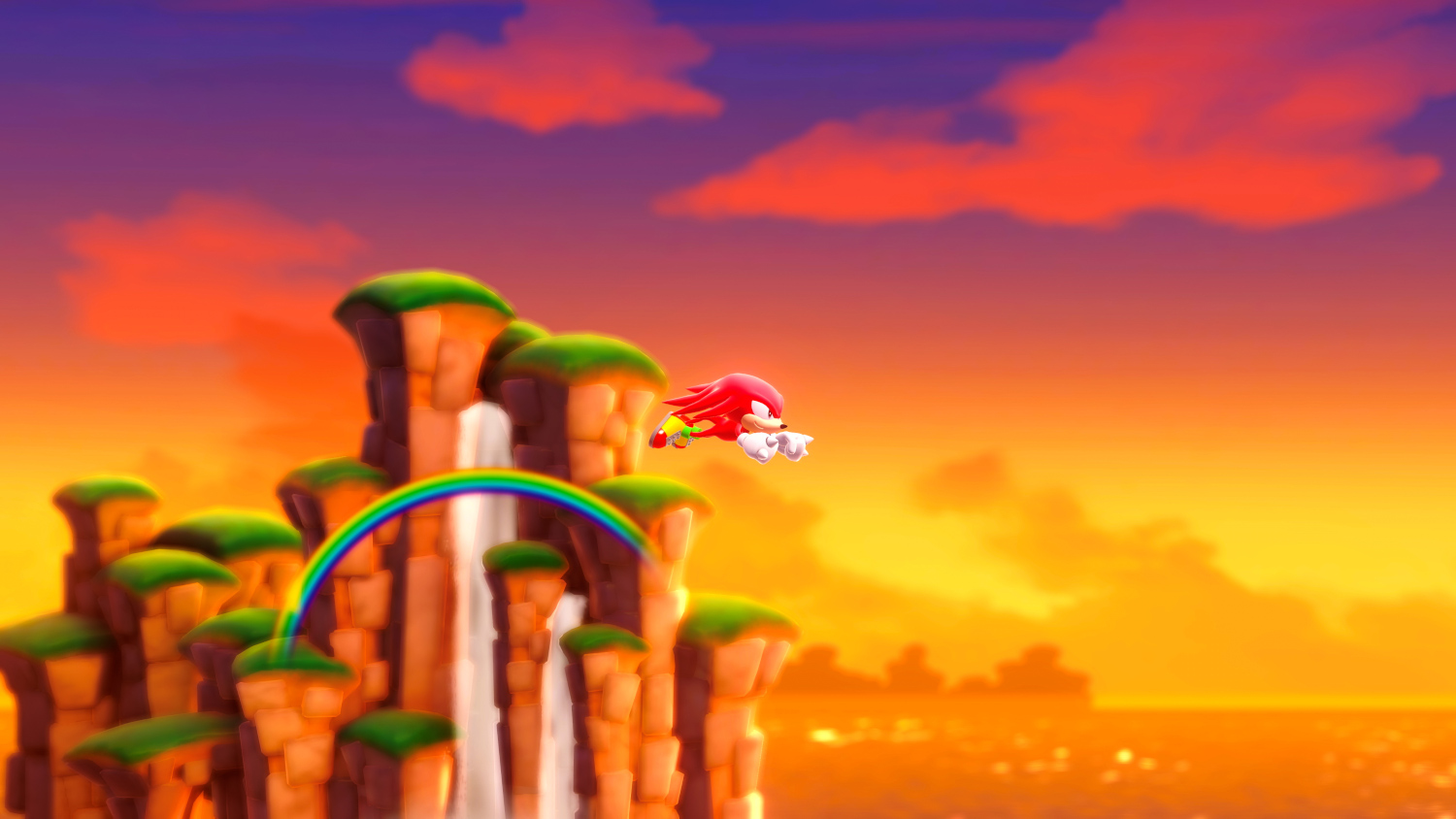 Cartoonafbeelding van een rode echidna die over een regenboog vliegt in een zonsondergang.