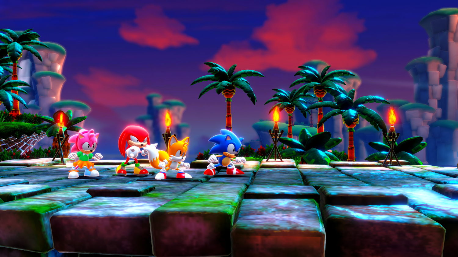 Sonic en vrienden in een spelscène. Personages staan op een platform met palmbomen.