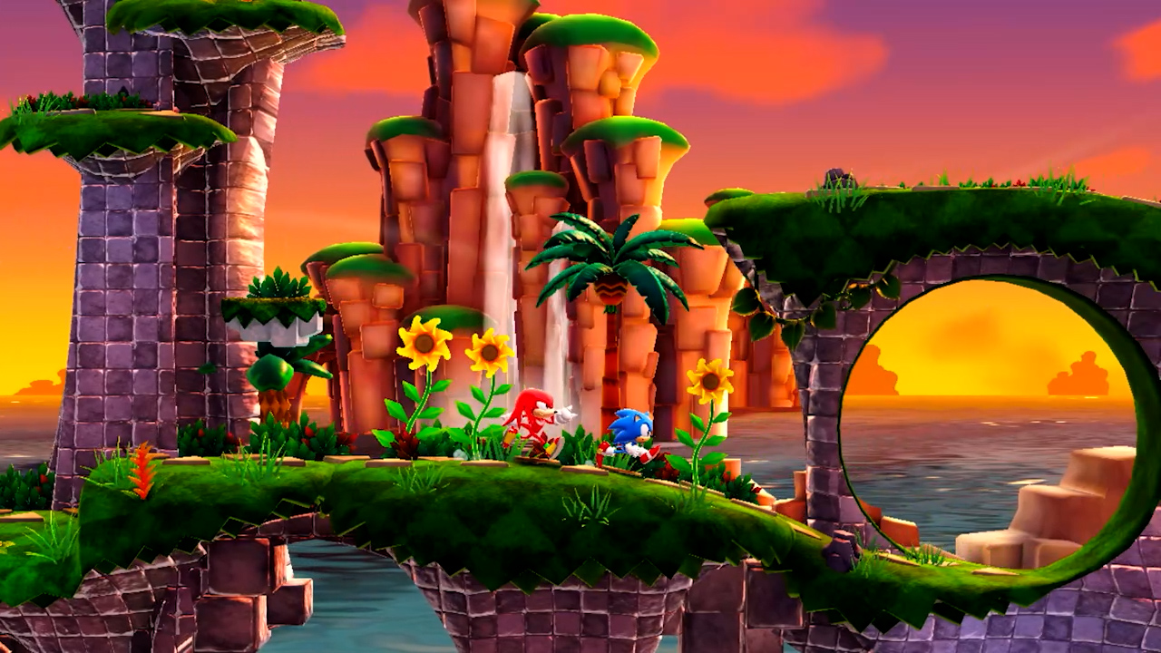 Een levendige scène uit Sonic the Hedgehog, met Sonic en Knuckles op een brug.