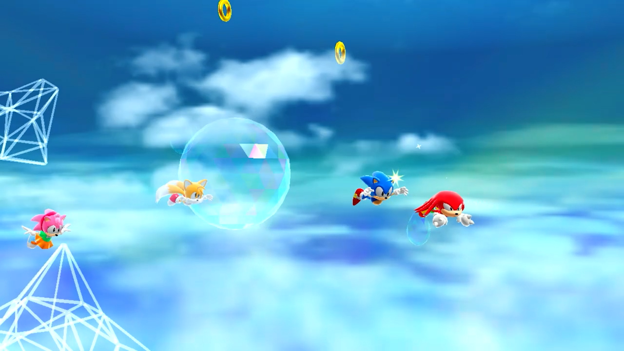 Sonic, Tails, Amy en Knuckles vliegen in een blauwe lucht met munten.