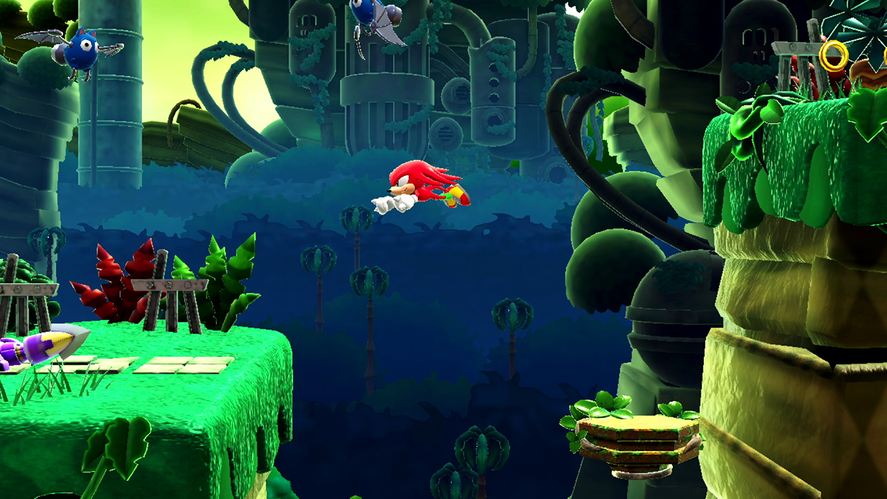 Knuckles de Echidna in een videogame scene, met een jungle omgeving.
