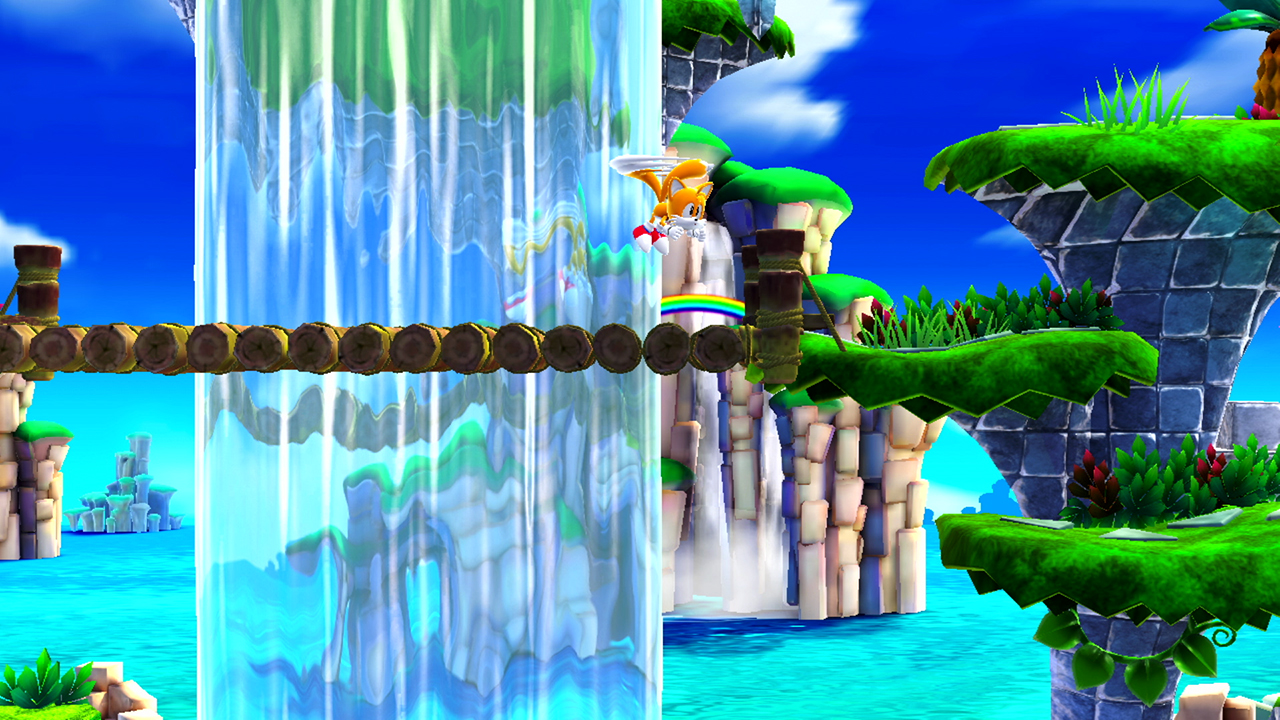 Sonic the Hedgehog in een kleurrijke game scène met waterval en platforms.