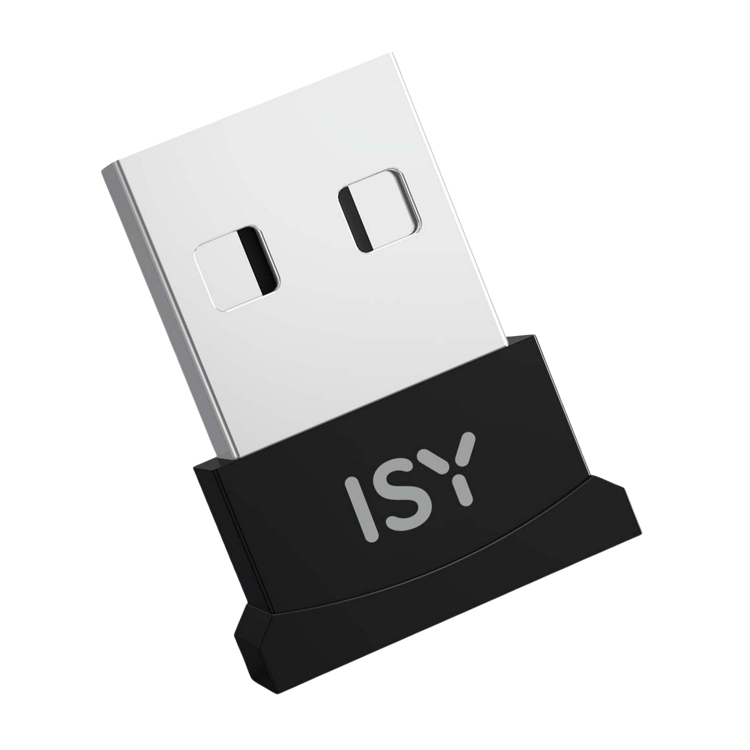 Adaptateur USB ISY noir. Le connecteur USB est argenté. La marque est imprimée en blanc.