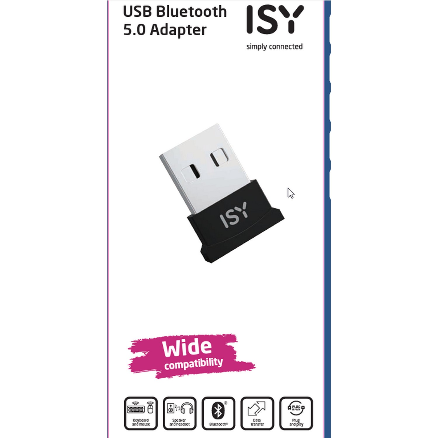 Adaptateur USB Bluetooth 5.0 dans son emballage. Adaptateur blanc et noir, avec le nom de la marque et des icônes.
