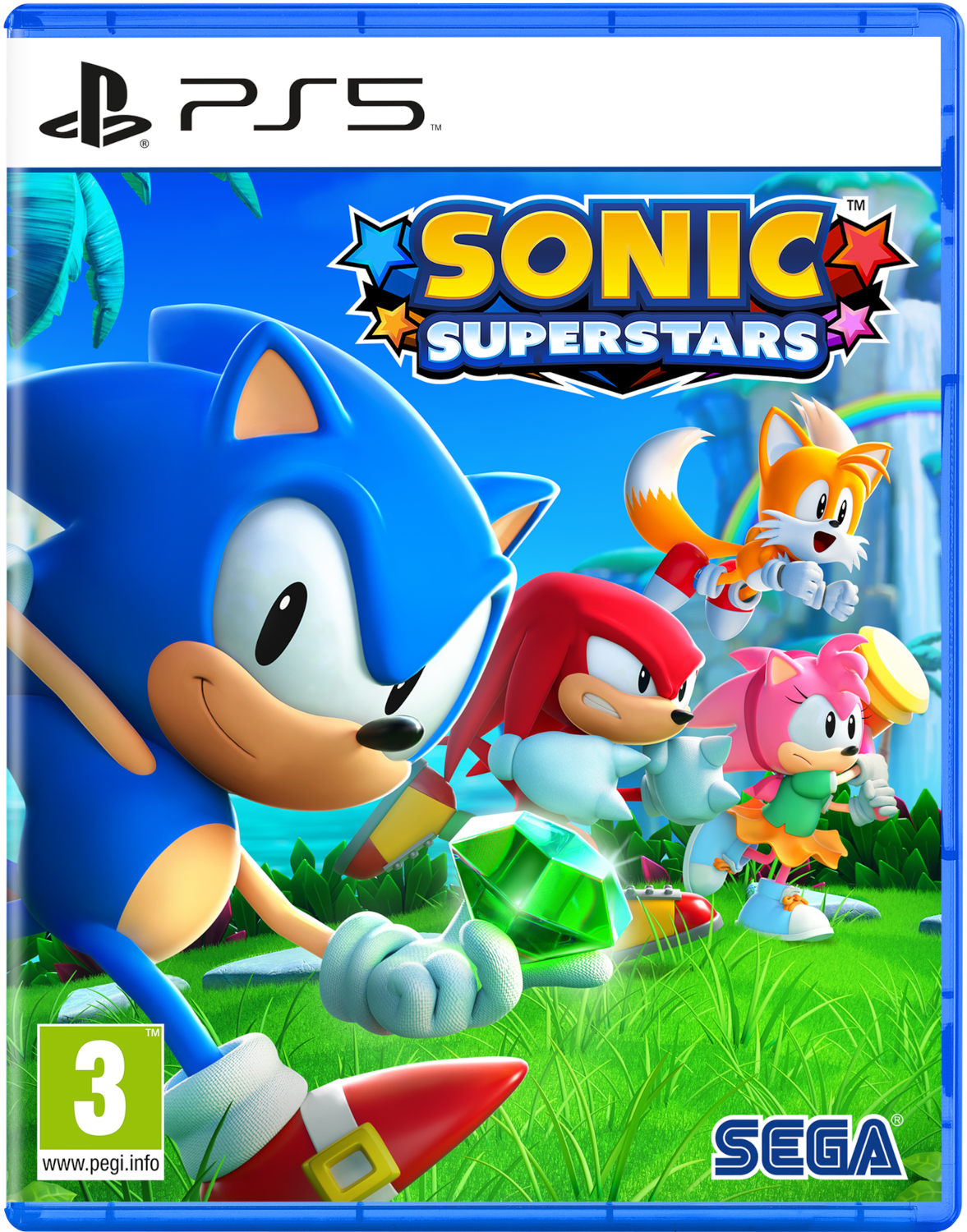 Spelbox: Sonic en vrienden, blauwe lucht, groene grond en logo.