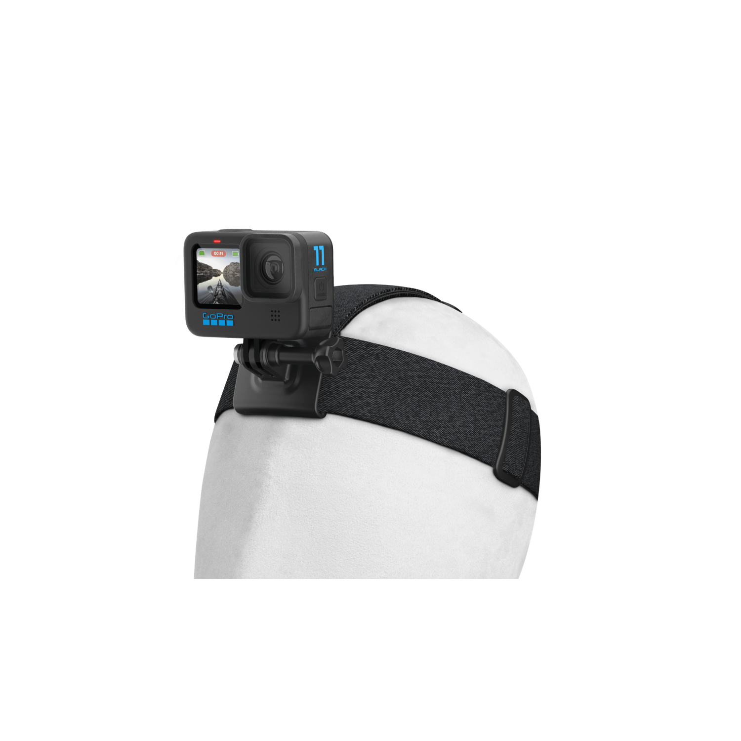 A GoPro camera attached to a head strap, ready for action.